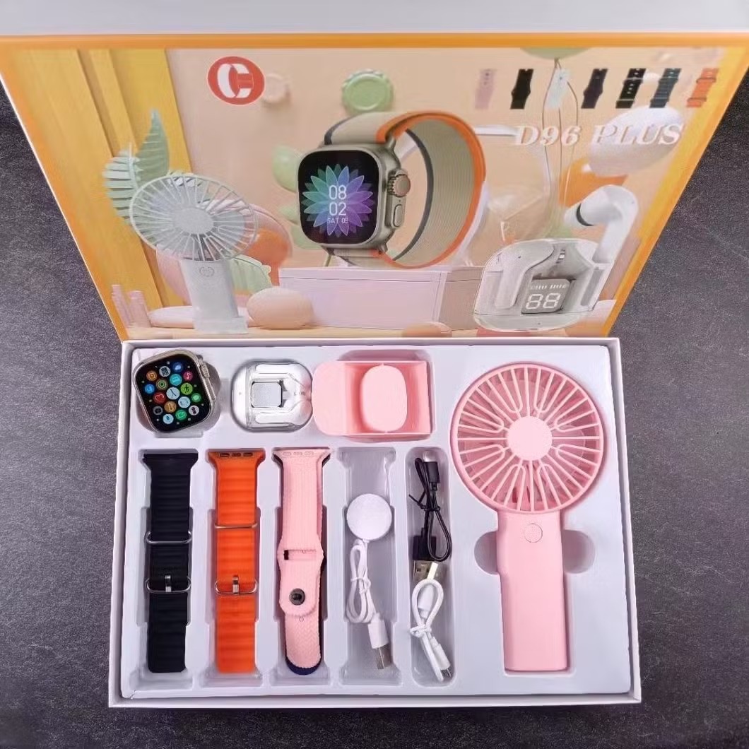 D96 Plus Smartwatch, Handy Fan and Earbuds Combo Set. Bluetooth Calling Smart Watch with 4 Straps, Best Quality Hand Fan and Earbuds Gift Set